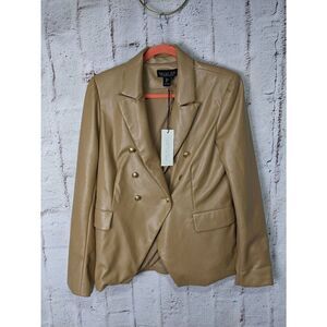 Rachel Zoe Tan Double Breasted Goldtone Crest Buttons Faux Leather Blazer sz L L